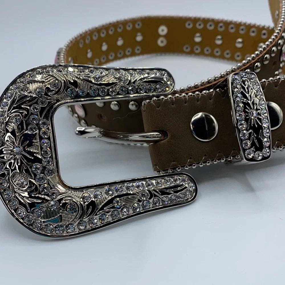 Nocona Brown Kids Belt with Pink Cross and Iridescent Studs